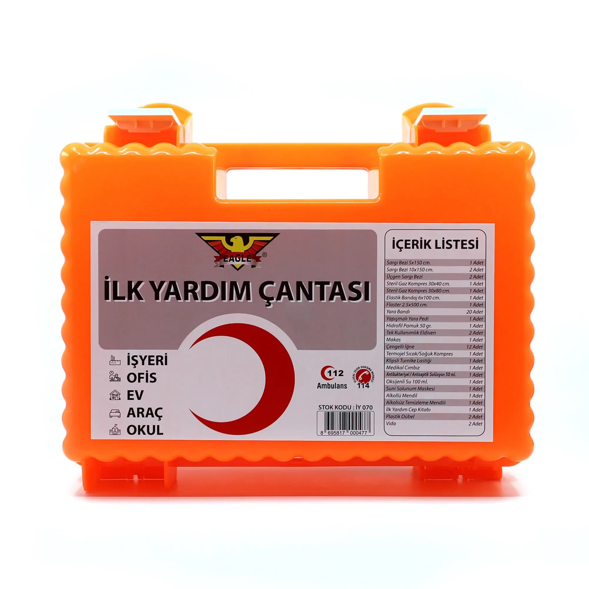 EAGLE İŞ YERİ İLK YARDIM ÇANTASI IY-070 - Eagle IY-070 ilk yardım çantası; iş yerleri için gerekli temel ilk yardım ekipmanlarını içeren, düzenli ve taşınabilir yapısıyla acil durumlara hızlı müdahale imkânı sunar.